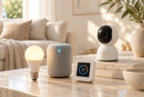Smart home lighting, speaker, camera and control display; application concept.
