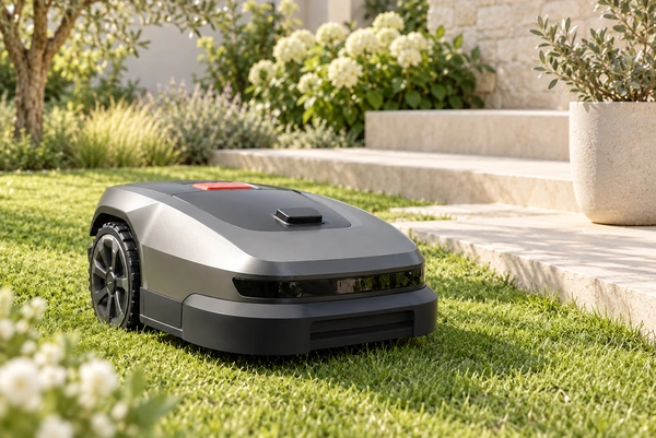 Robot lawn mower in a garden; application concept.