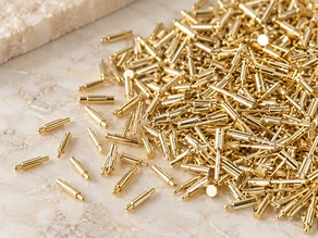 Gold spring contacts arranged on a pale surface.