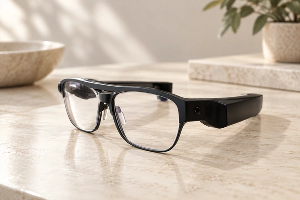Black smart glasses on a cream studio surface.