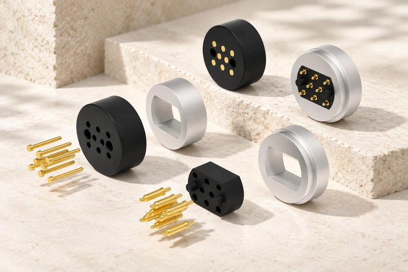 Exploded circular eight-contact magnetic connector and its mating components.