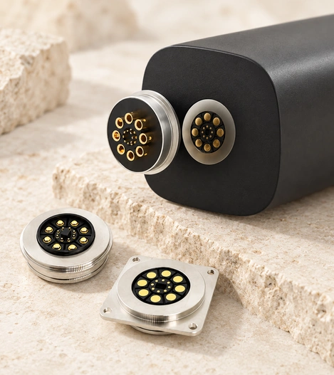 Circular multipole magnetic connector components with metal and polymer housings.