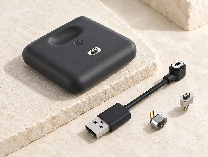Two-contact magnetic cable, device contact plate and silver connector parts.