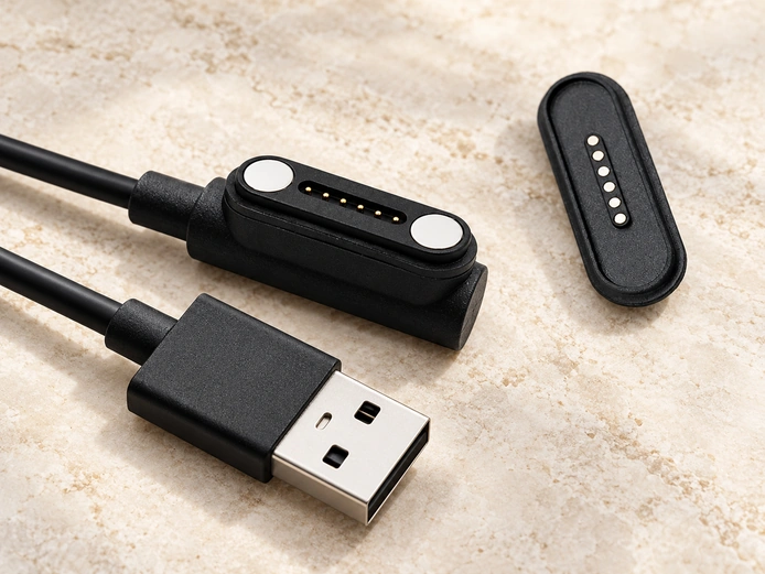 Six-contact magnetic cable head with USB-A termination and matching contact plate.