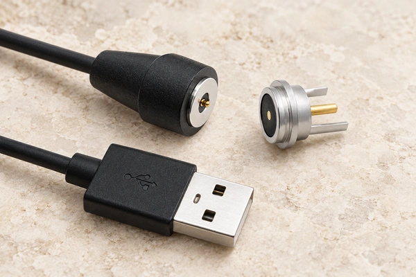 Circular coaxial magnetic cable with USB-A termination and matching connector.