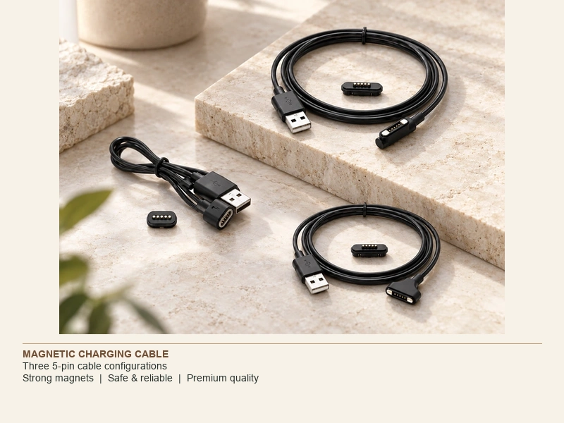 Three five-contact magnetic charging cable configurations.