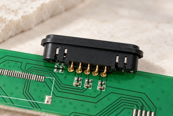 Five-terminal magnetic connector soldered to a circuit board.