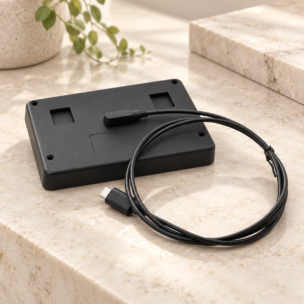 USB-C cable attached to a black device housing.