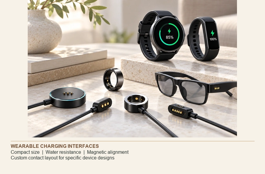 Wearable devices and their different charging interfaces; application concept.