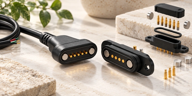 Magnetic cable, mating receptacle and exploded connector components.