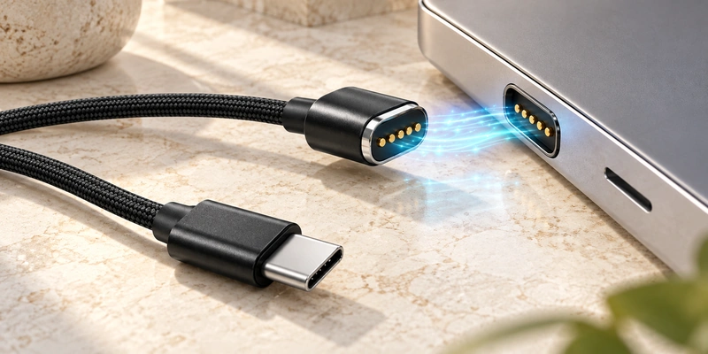 Five-contact magnetic cable beside a matching device port and USB-C plug.