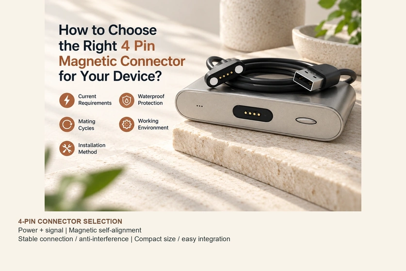 Four-contact magnetic charging cable and device port, with connector selection criteria.