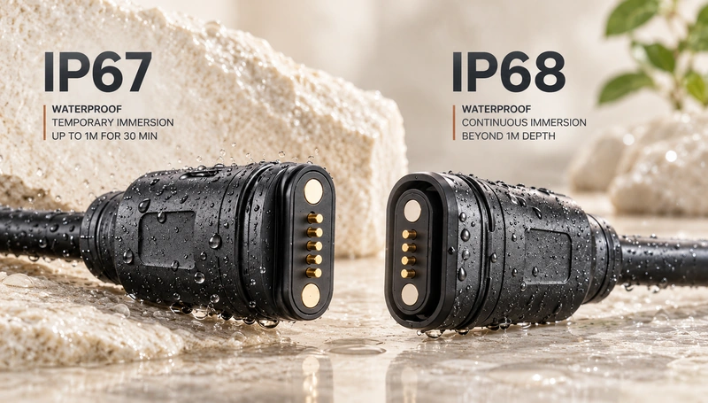 Magnetic connectors illustrating IP67 and IP68 immersion conditions.