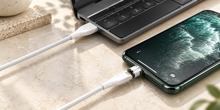 Magnetic phone adapter and laptop charging cable on a pale surface.