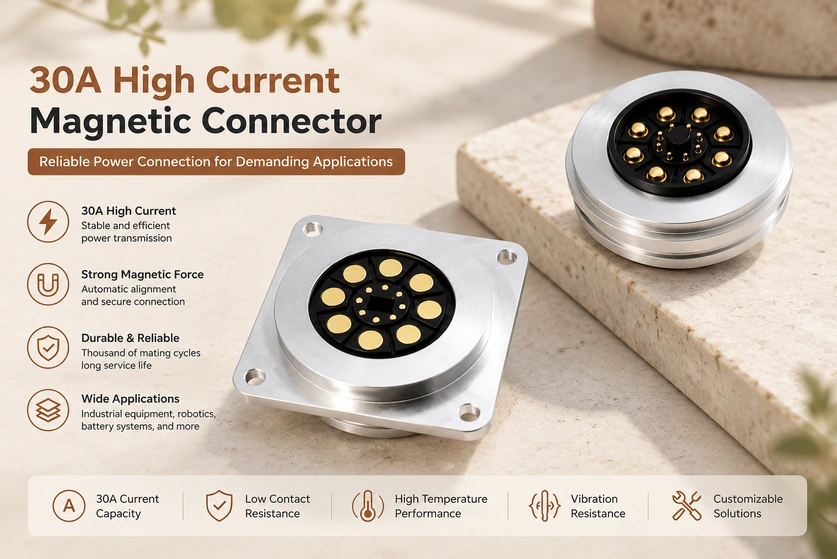 Circular high-current magnetic connector pair and configuration features.