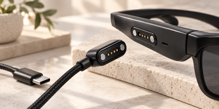 Four-contact magnetic cable and smart glasses port, with USB-C termination.