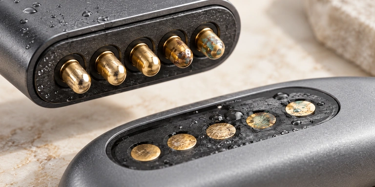 Five-pin magnetic connector and matching pads showing contact corrosion.