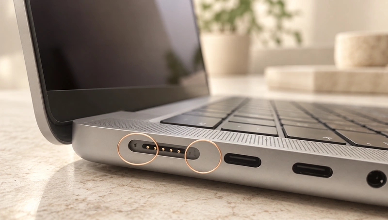 Laptop magnetic charging port with highlighted alignment points.