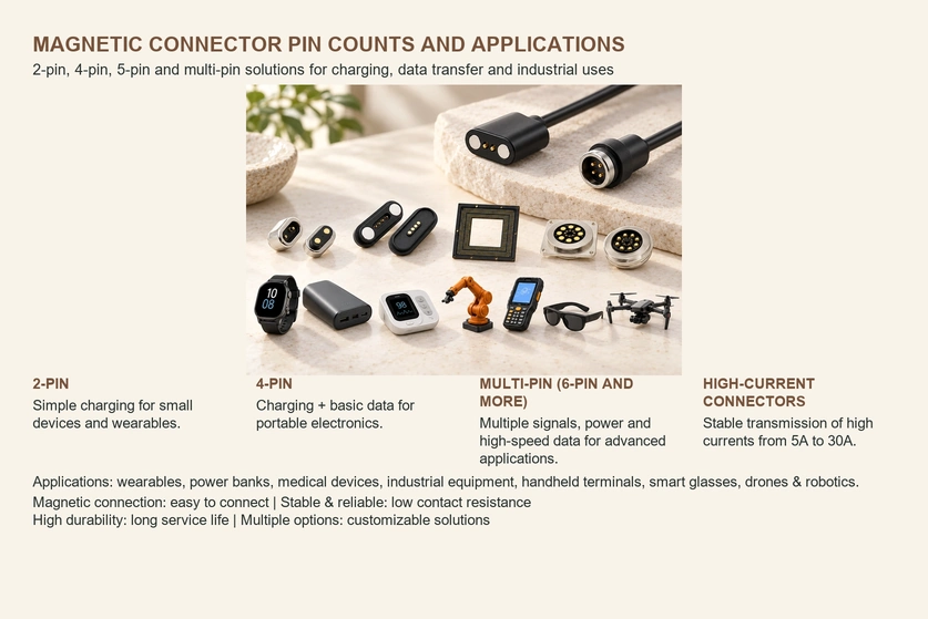 Magnetic connector pin counts, component configurations and application examples.