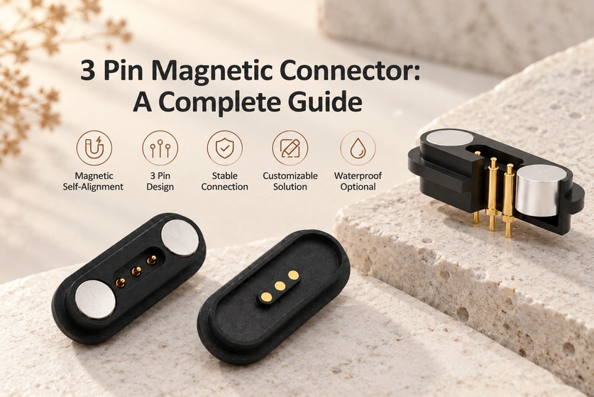 Three-contact magnetic connector pair and a terminal view with selection features.