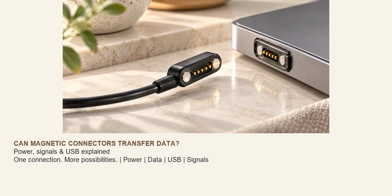 Five-contact magnetic cable and device port with power, signal and data-transfer captions.