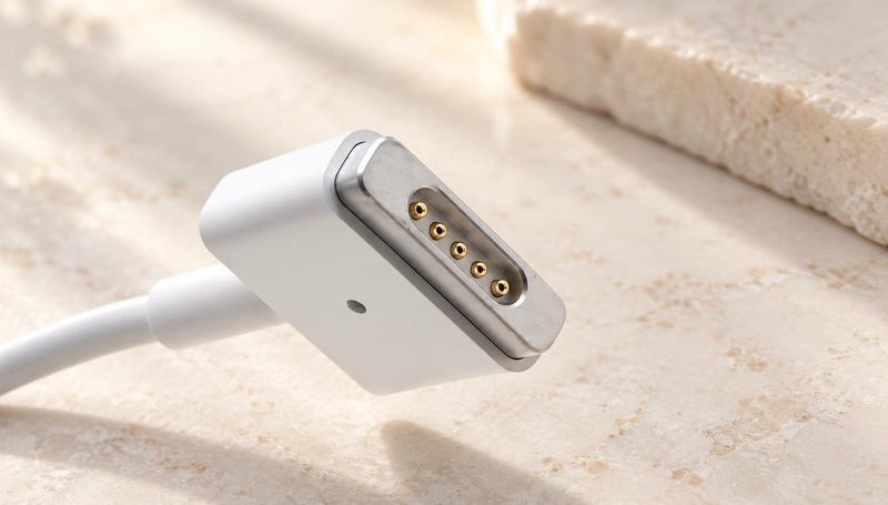White magnetic charging head with five gold contacts.