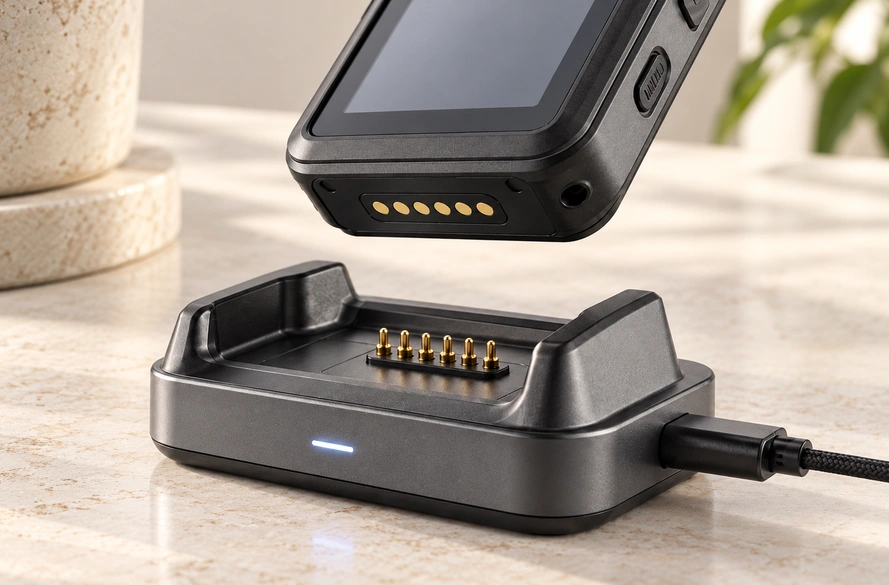 Six-contact device charging dock and matching contact pads.