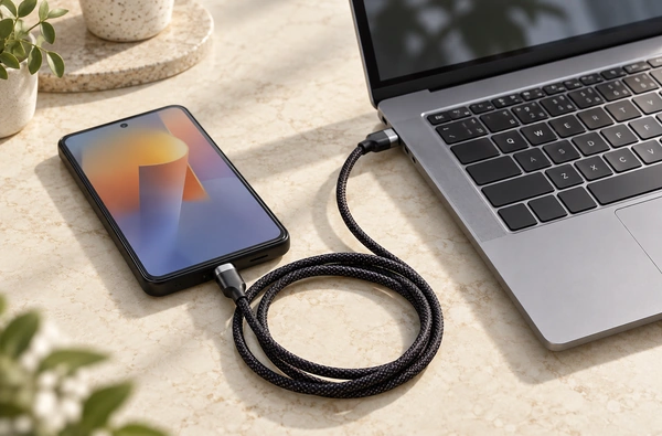 Magnetic phone charging adapter and braided cable beside a laptop.