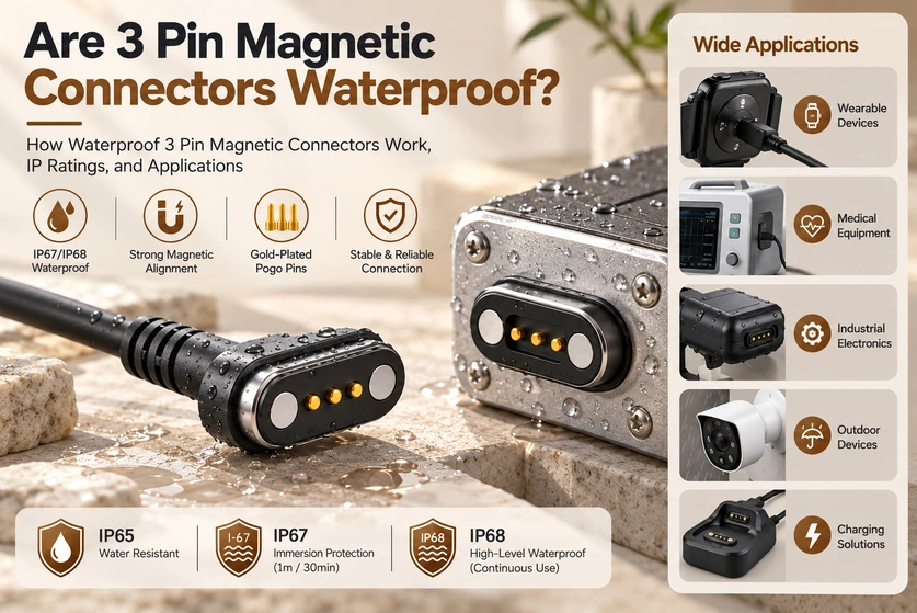 Three-contact magnetic connector pair with waterproofing conditions and five application examples.