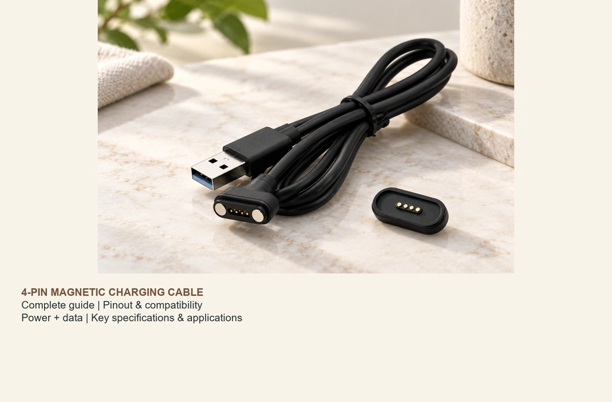 Four-contact magnetic charging cable, USB-A termination and matching device contacts.