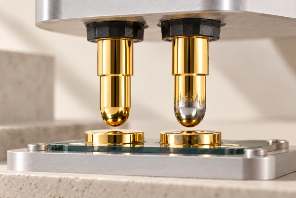 Two spring contact tips showing a clean surface and visible plating wear.