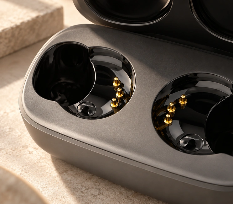 Three spring charging contacts in each compartment of an earbud charging case.