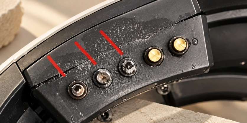 Five contact positions with three damaged contacts and highlighted housing cracks.