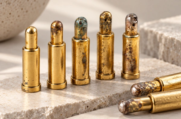 Seven gold spring contacts showing different levels of surface corrosion.