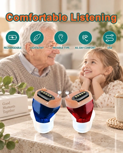 Two five-contact hearing aids with rechargeable design feature captions.