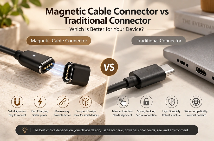 Four-contact magnetic connection compared with USB-C, including selection conditions.