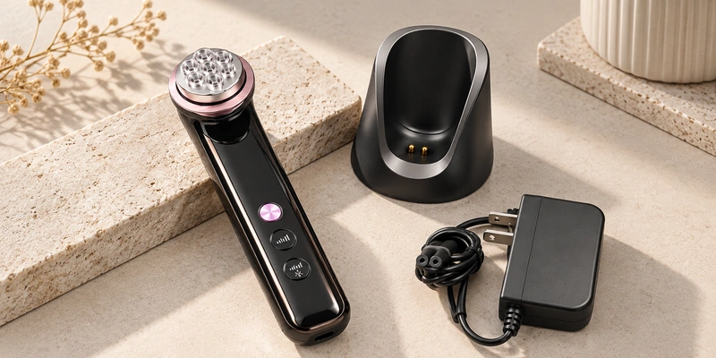 Handheld beauty device, two-contact charging cradle and power adapter.