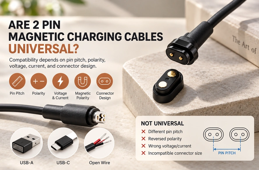 Two-contact magnetic cable compatibility factors and USB-A, USB-C and open-wire terminations.