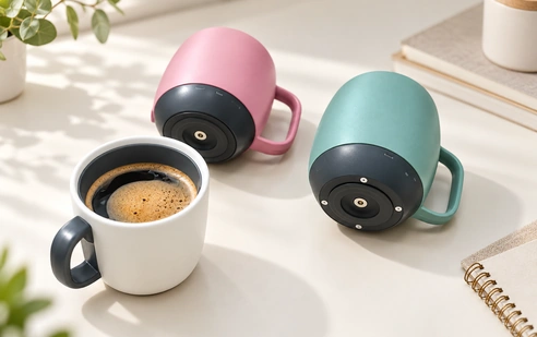 Three temperature-control cups with circular charging contacts in a bright home setting.