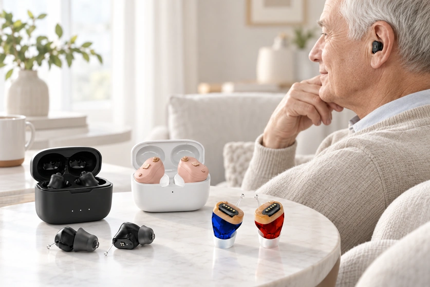 Hearing aids, charging cases and earbuds arranged in a bright living room.