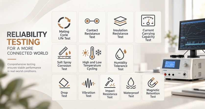 Illustrative overview of twelve connector reliability test categories.
