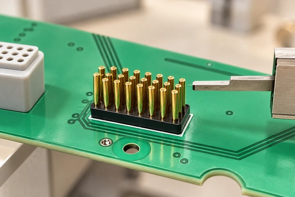 Twenty-four gold spring contacts arranged in three rows on a printed circuit board.