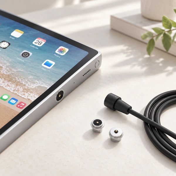 Circular magnetic charging interface on a tablet with matching cable and connector parts.