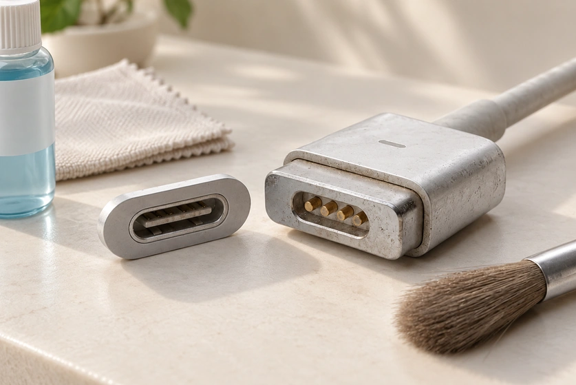 Four-contact charging connector with visible wear, a matching interface and cleaning supplies.
