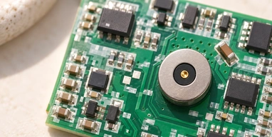Circular magnetic charging contact mounted on a printed circuit board.