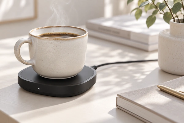 A temperature-control cup on its wired charging base in a bright home setting.