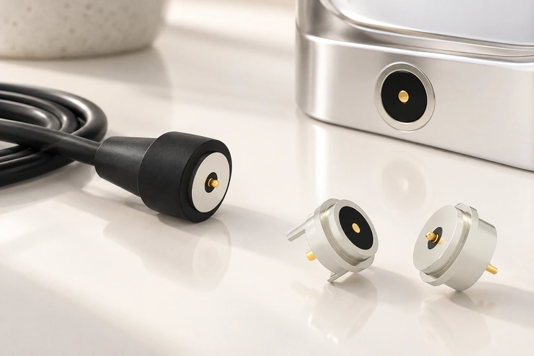 Four views of circular magnetic charging interfaces and connector parts.