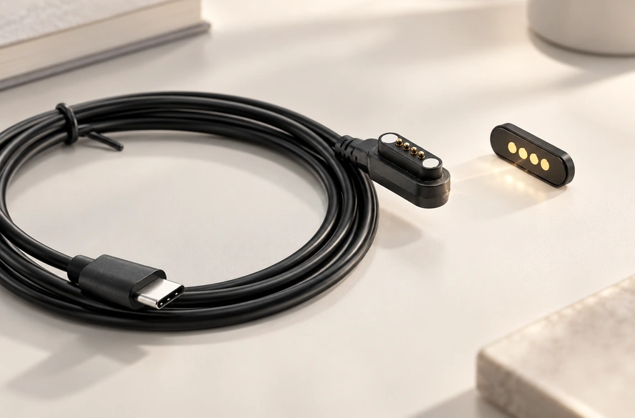 Four-contact magnetic charging cable with USB-C termination and a matching contact plate.