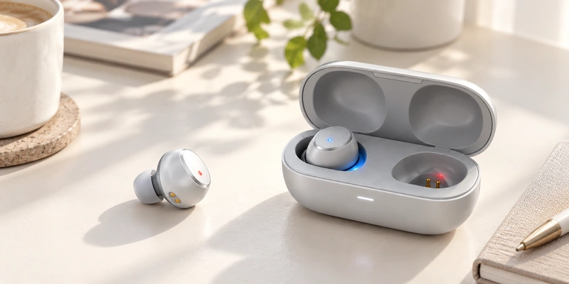 Two wireless earbuds and their two-contact charging case on a pale desk.