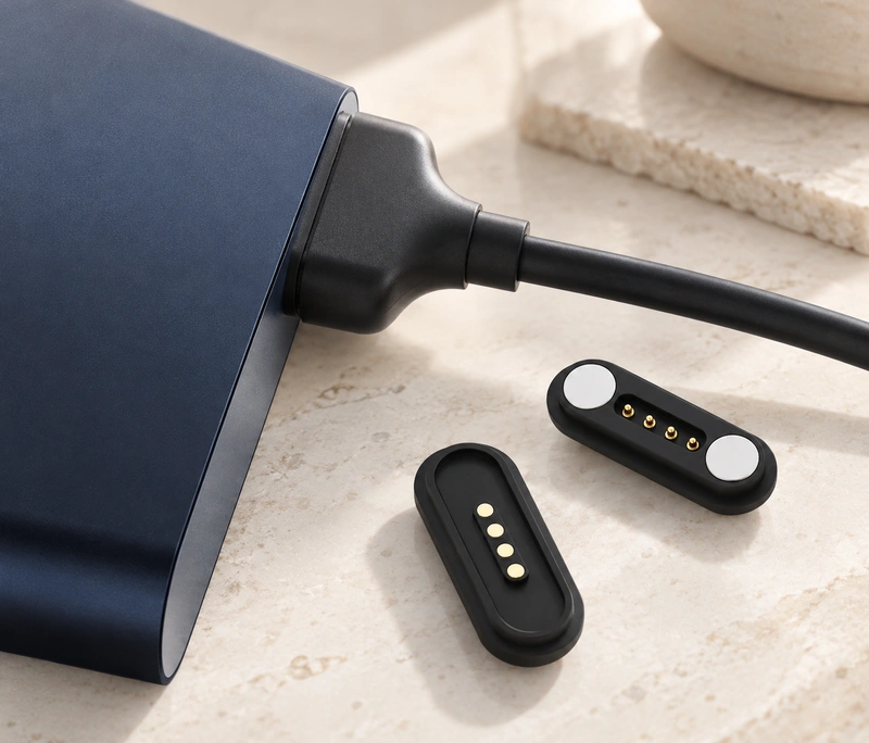 Four-contact magnetic charging cable, device interface and contact plate.